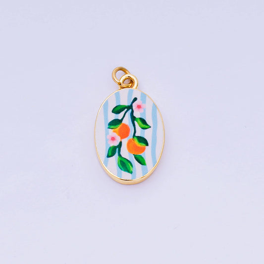 Double Sided Gold Oval Enamel Charms Painted Mediterranean