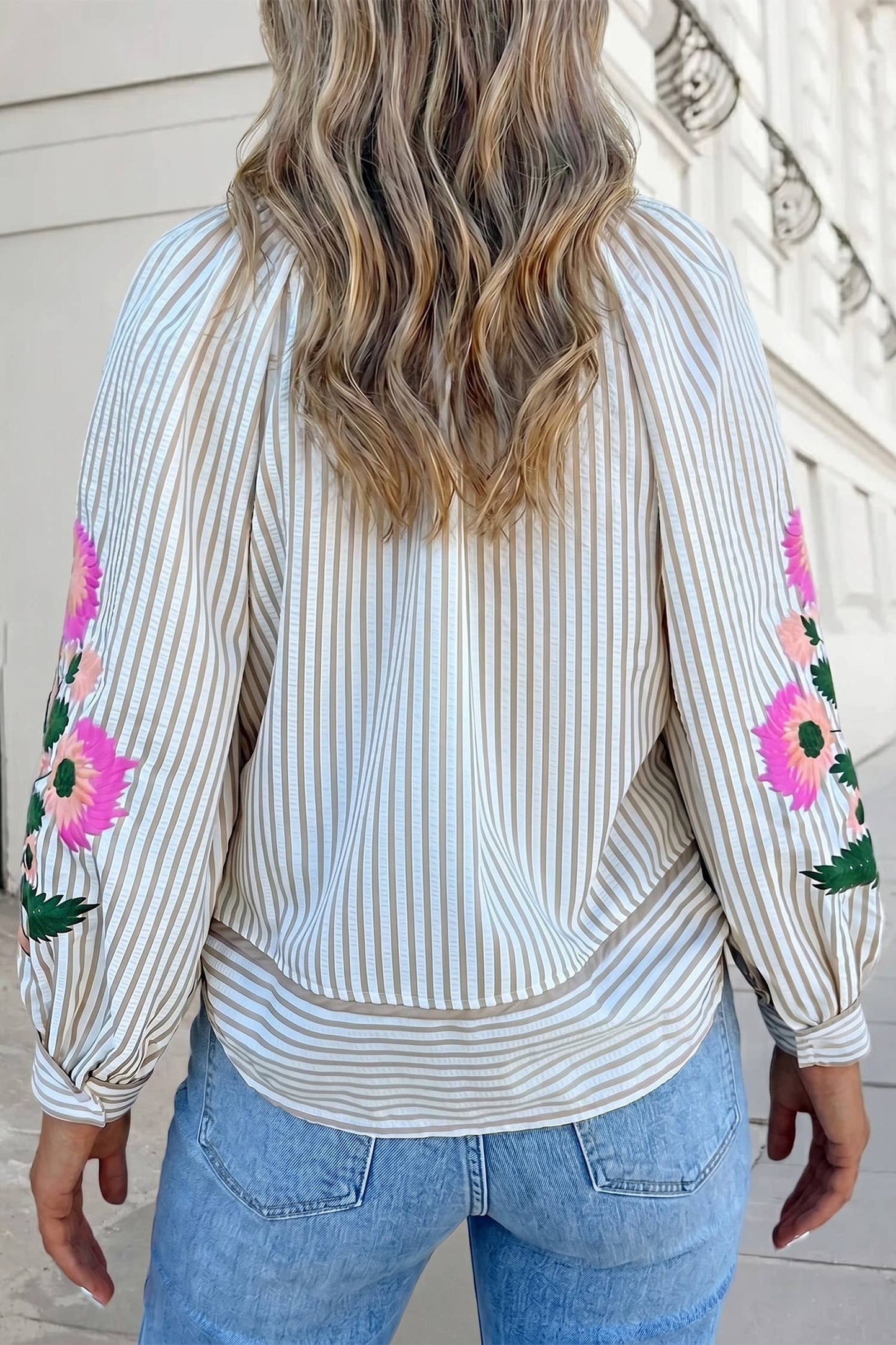 Floral Embroidered Striped Blouse | S-XL
