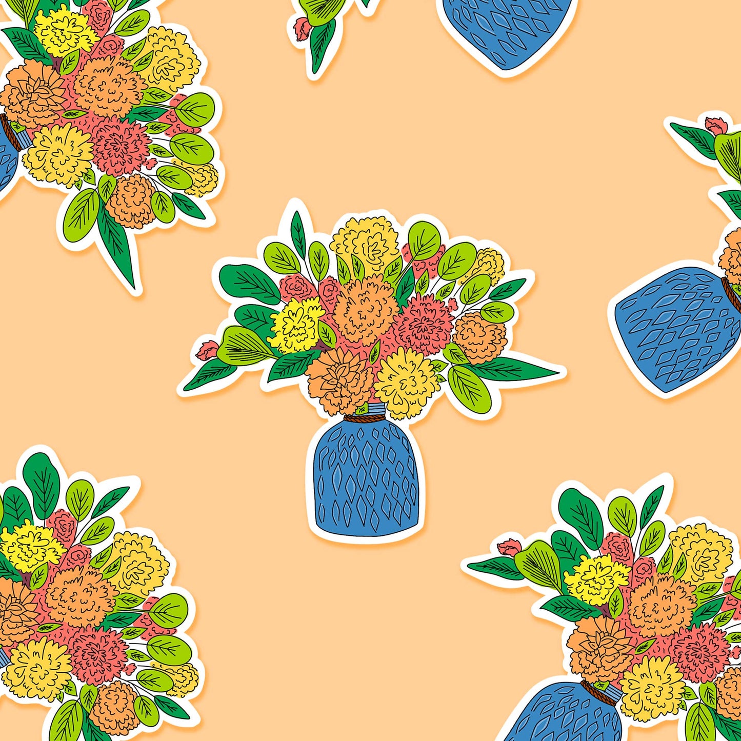 Bouquet of Flowers in Blue Vase 3 x 3 in - Floral Sticker