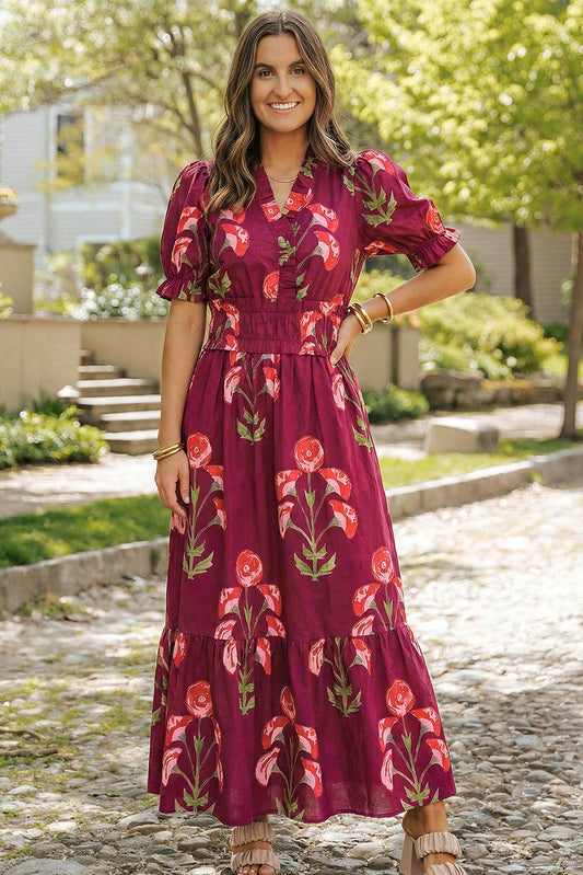 Floral V Neck Short Puff Sleeve Pockets Maxi Dress | S-XL