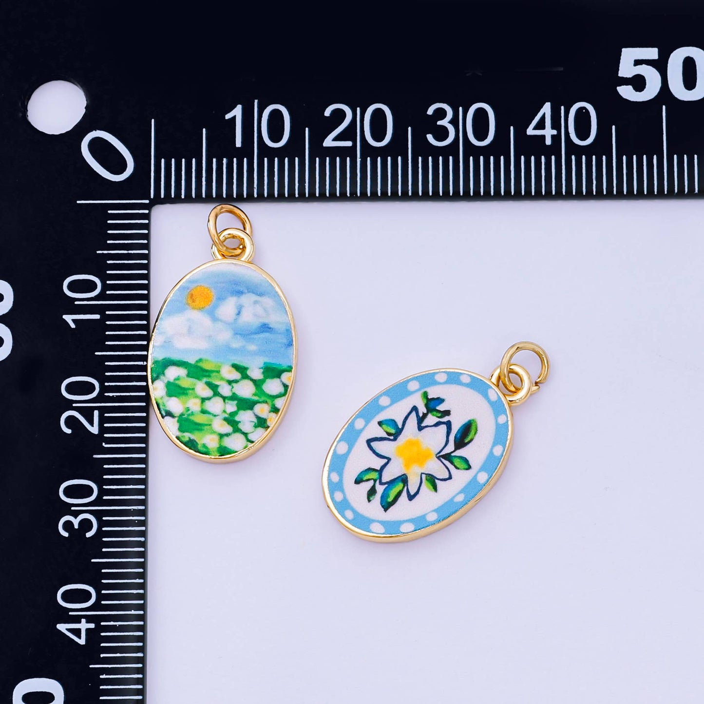 Double Sided Gold Oval Enamel Charms Painted Mediterranean