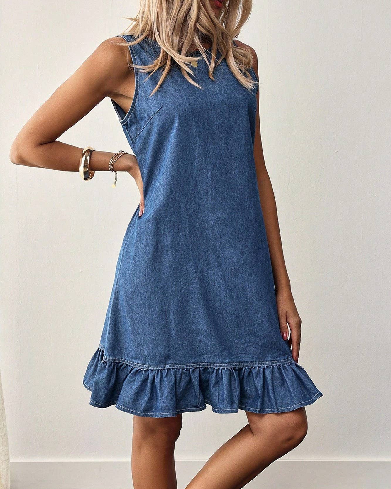 Casual Sleeveless Denim Dress with Ruffle Hem