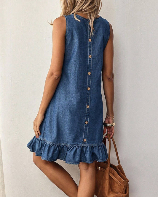 Casual Sleeveless Denim Dress with Ruffle Hem