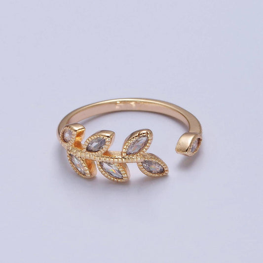 Elegant Clear CZ Vine Rosemary Gold Nature Themed Ring