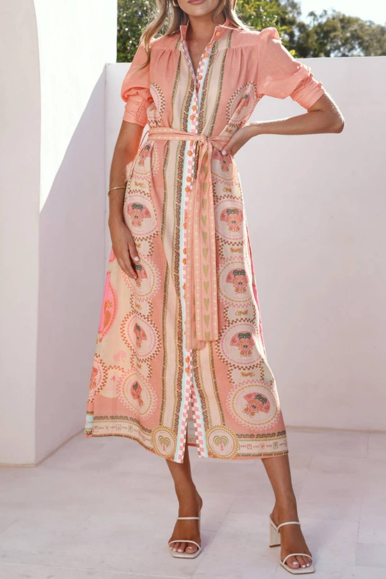 Acacia Palm tile print belted maxi shirt dress