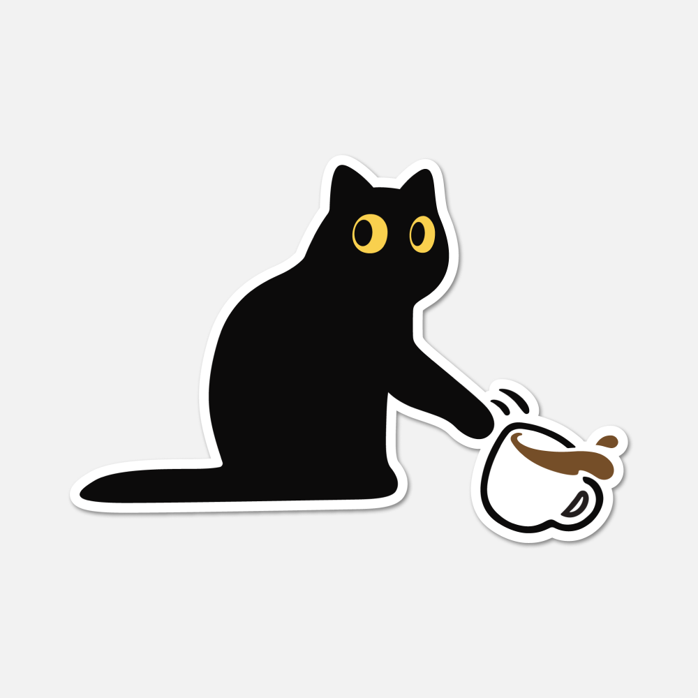 Mischievous Black Cat Knocking Over Coffee Sticker - Cat Sticker