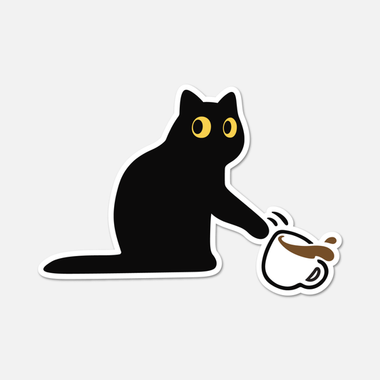 Mischievous Black Cat Knocking Over Coffee Sticker - Cat Sticker