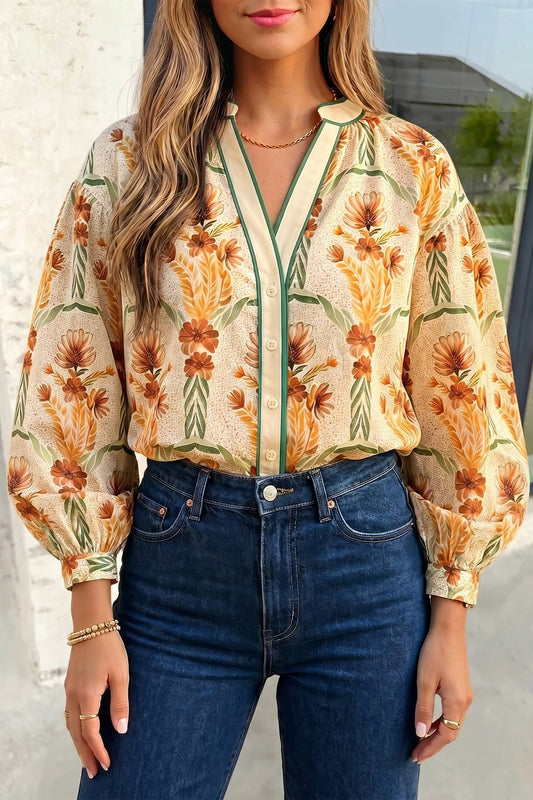 Floral Print V Neck Long Sleeve Shirt | S-XL