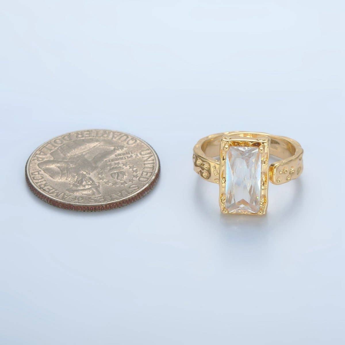24K Gold Filled Clear CZ Baguette Hammered Wrap Band Ring | U320