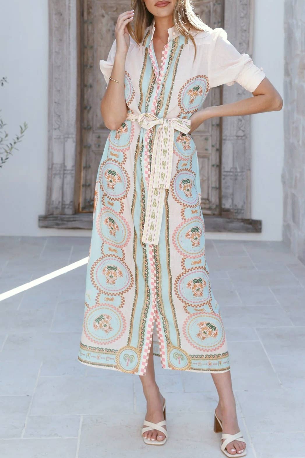 Acacia Palm tile print belted maxi shirt dress