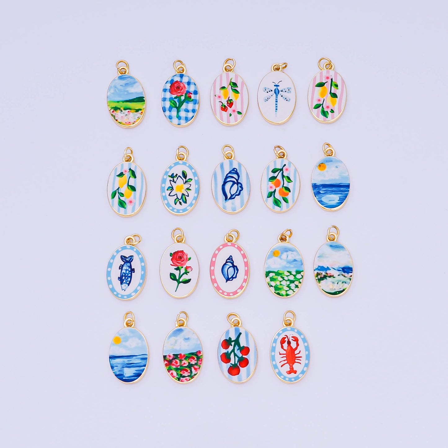 Double Sided Gold Oval Enamel Charms Painted Mediterranean