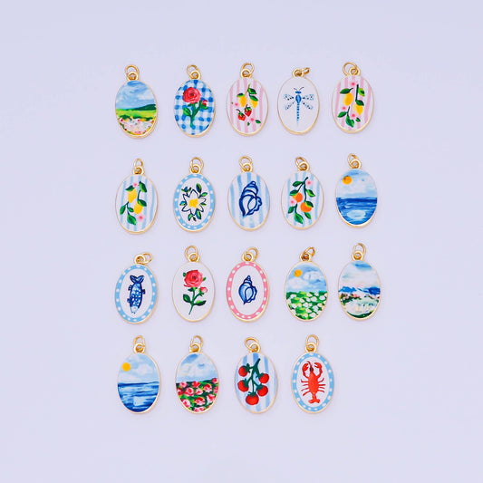 Double Sided Gold Oval Enamel Charms Painted Mediterranean