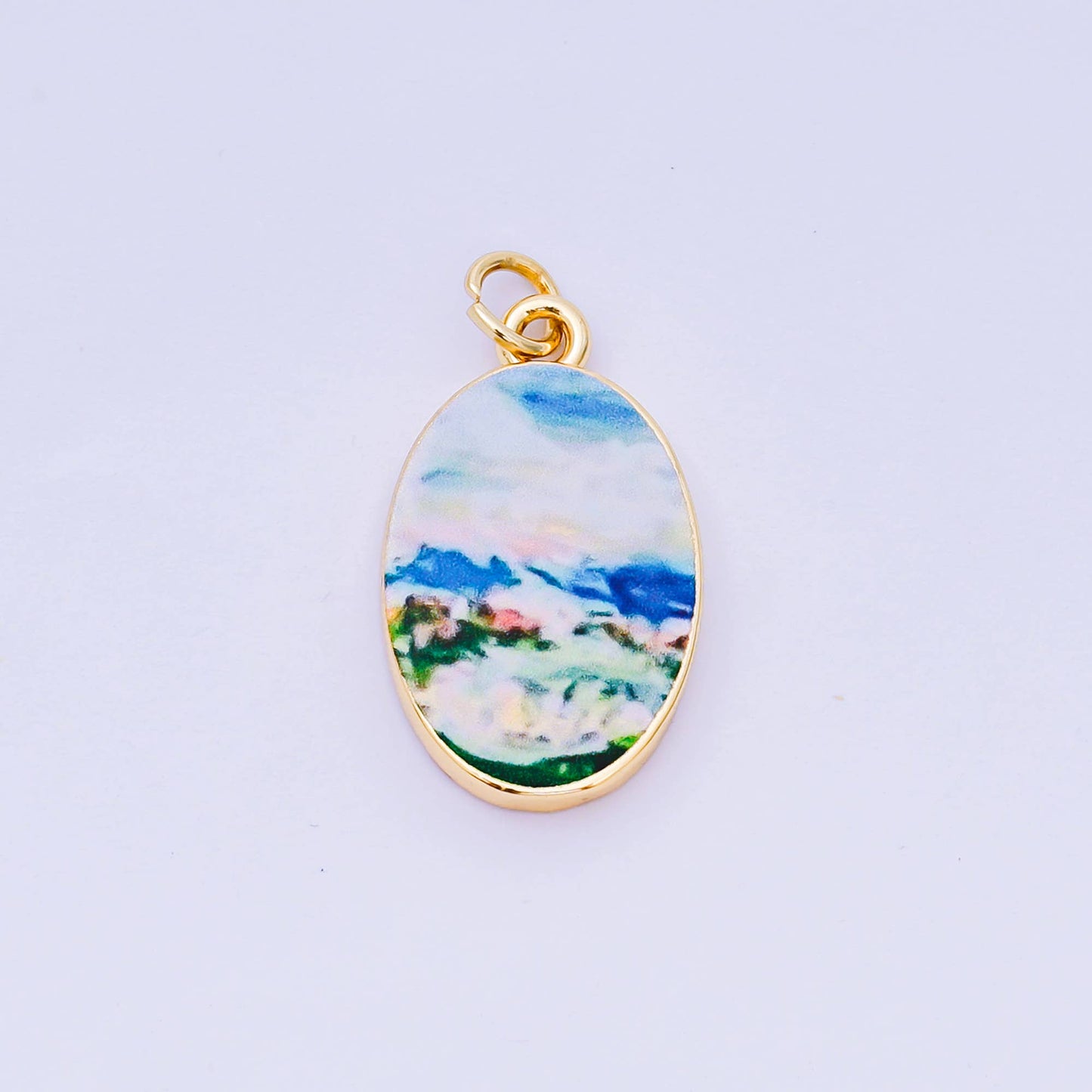 Double Sided Gold Oval Enamel Charms Painted Mediterranean