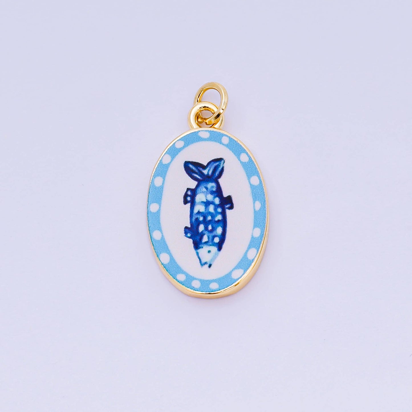 Double Sided Gold Oval Enamel Charms Painted Mediterranean
