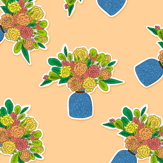 Bouquet of Flowers in Blue Vase 3 x 3 in - Floral Sticker