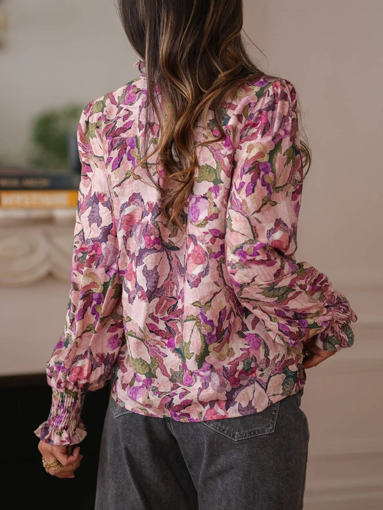 Romantic Ruffle Trimmed Floral Garden Print Blouse