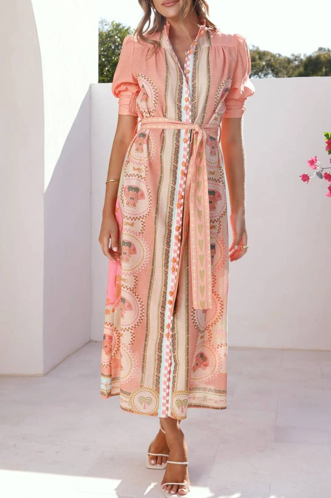 Acacia Palm tile print belted maxi shirt dress