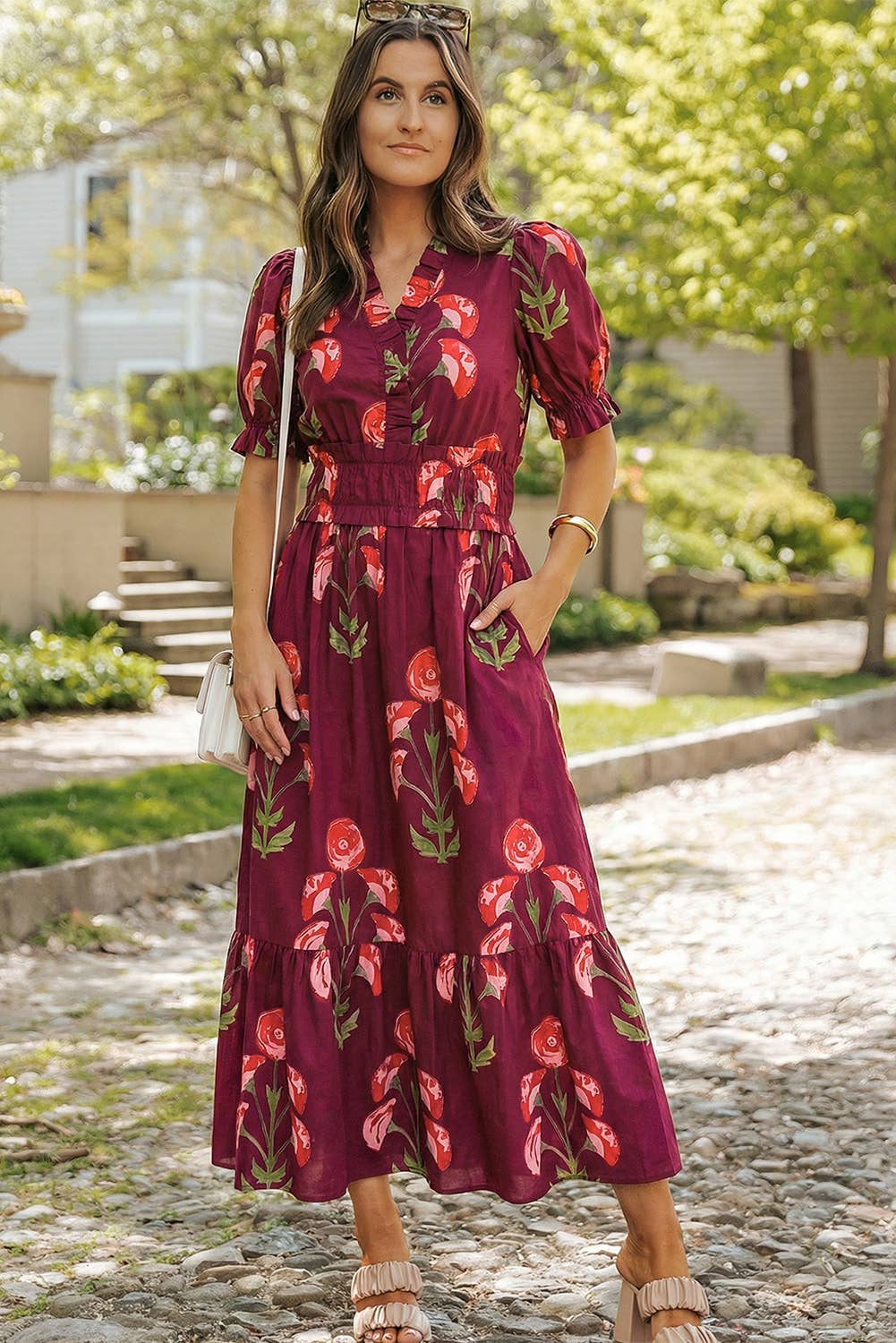 Floral V Neck Short Puff Sleeve Pockets Maxi Dress | S-XL