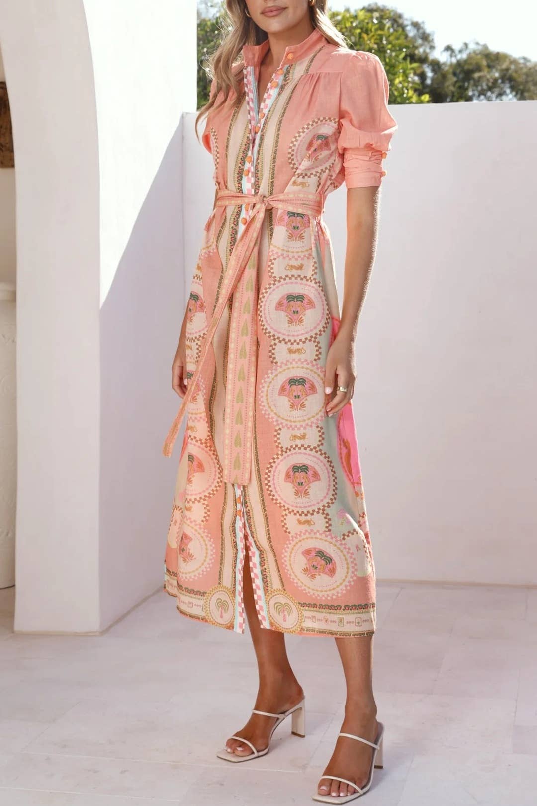 Acacia Palm tile print belted maxi shirt dress