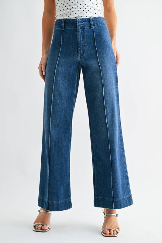 Pintuck High Rise Trouser Wide Leg - MEDIUM DENIM - DP835