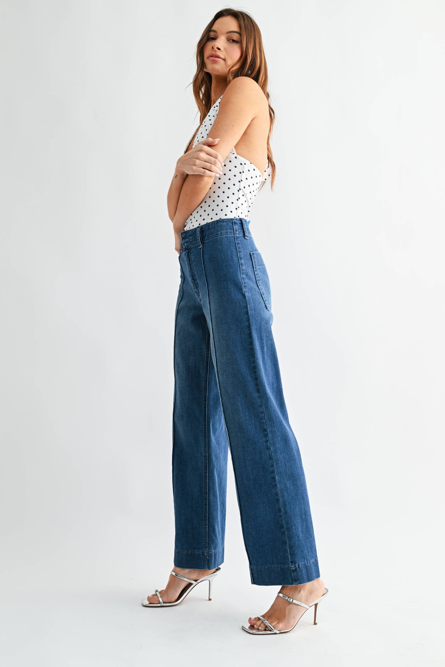 Pintuck High Rise Trouser Wide Leg - MEDIUM DENIM - DP835