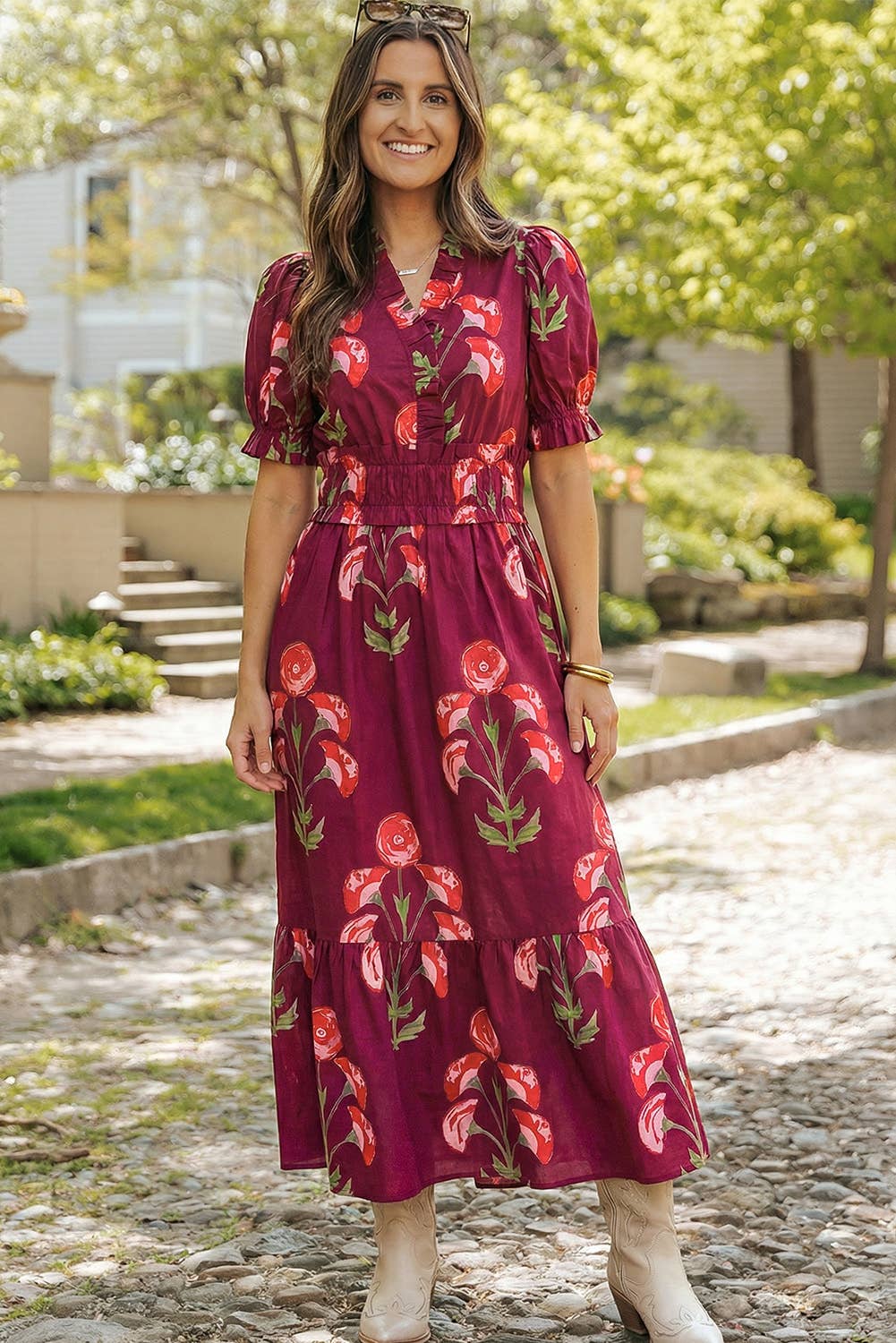 Floral V Neck Short Puff Sleeve Pockets Maxi Dress | S-XL