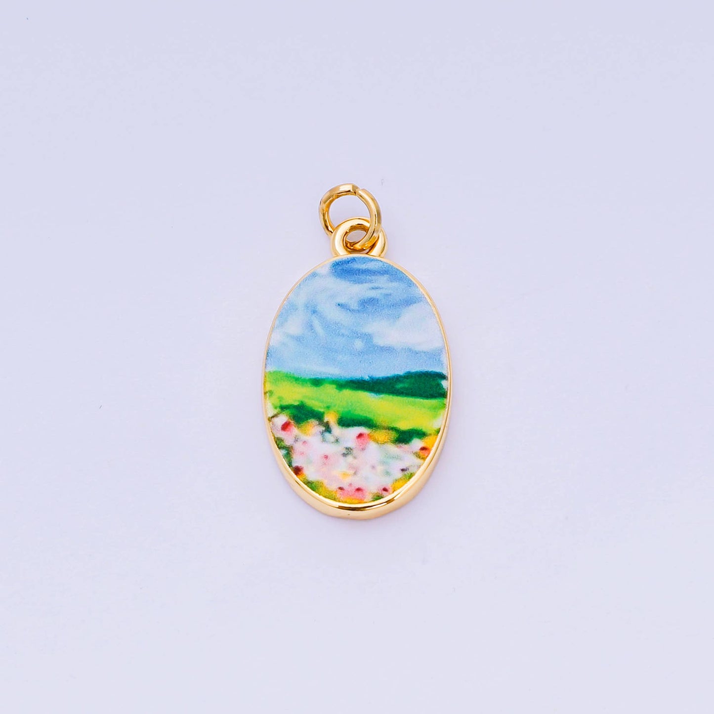 Double Sided Gold Oval Enamel Charms Painted Mediterranean