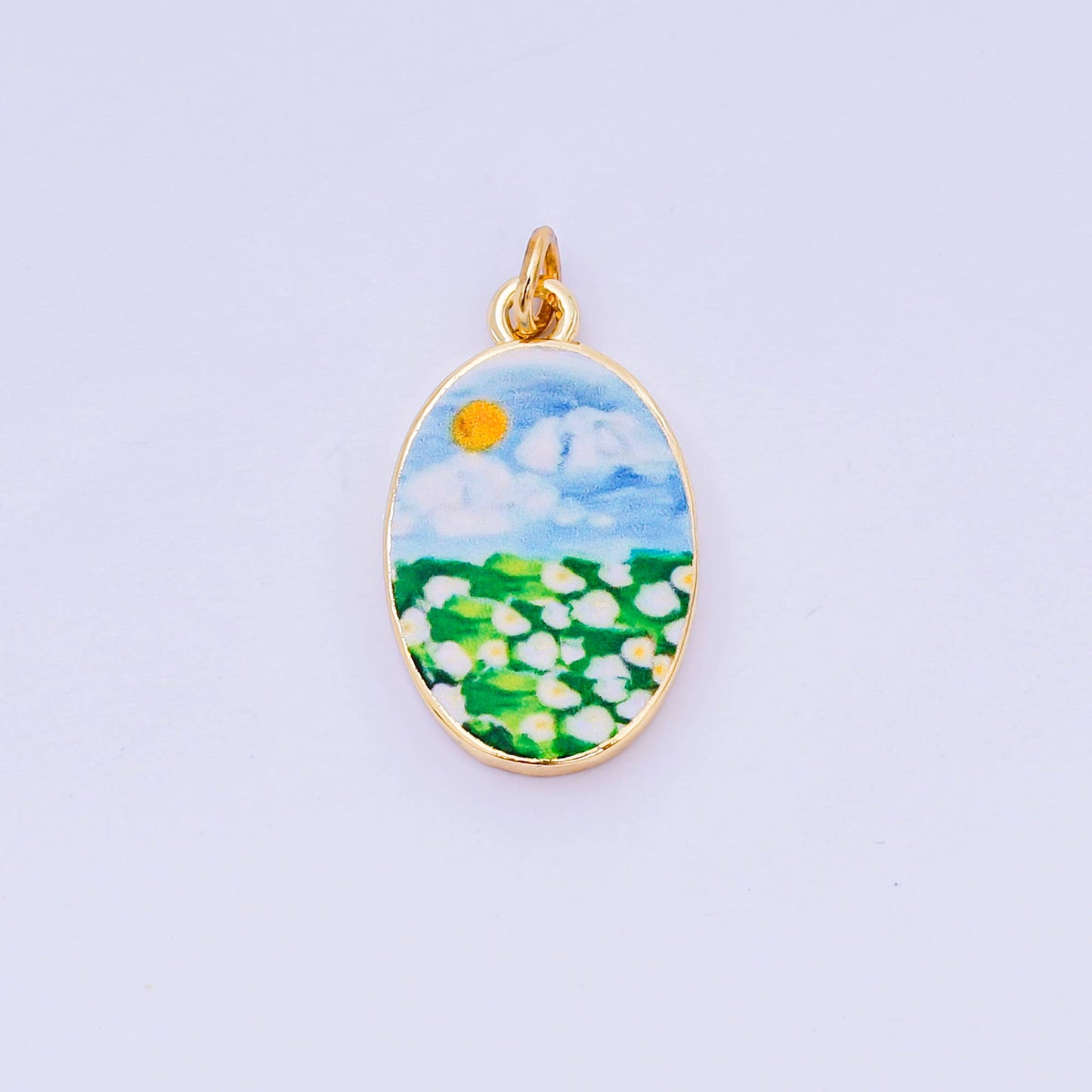 Double Sided Gold Oval Enamel Charms Painted Mediterranean