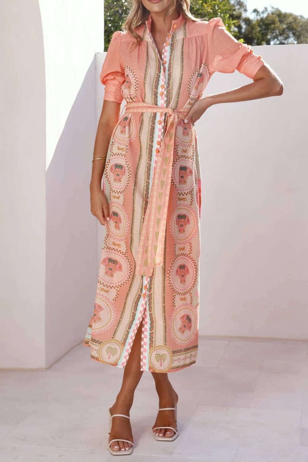 Acacia Palm tile print belted maxi shirt dress