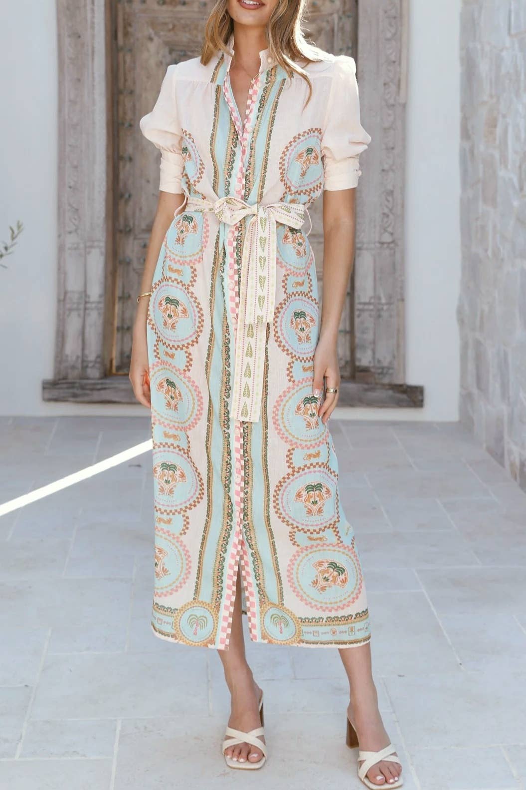 Acacia Palm tile print belted maxi shirt dress