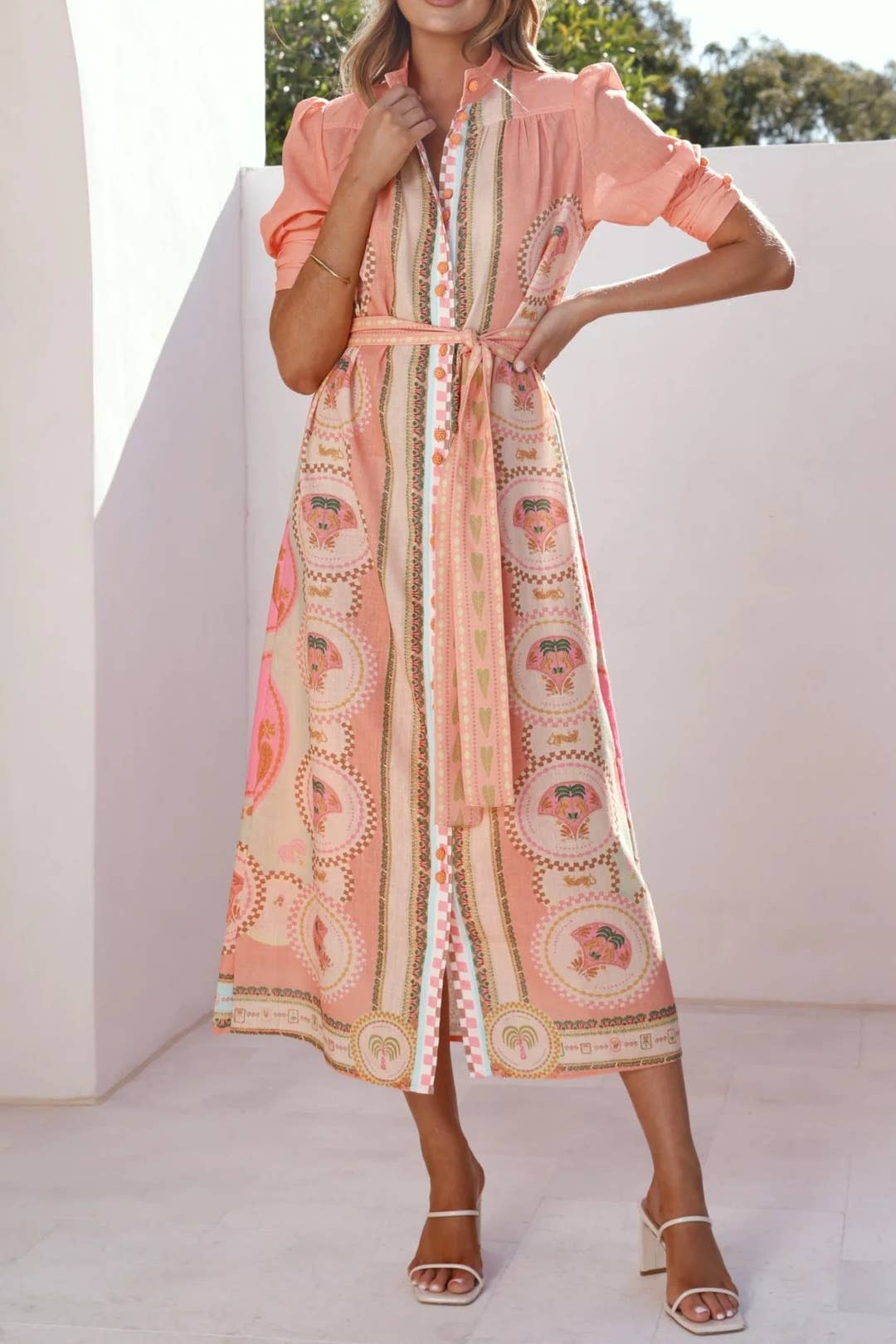 Acacia Palm tile print belted maxi shirt dress