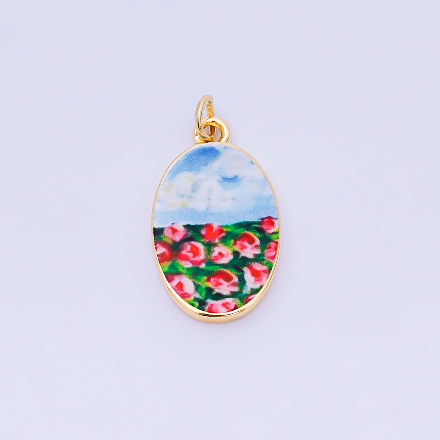 Double Sided Gold Oval Enamel Charms Painted Mediterranean