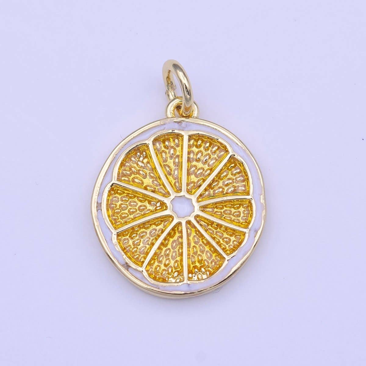 Gold Lemon Fruit White Yellow Enamel Round Charm | C-694