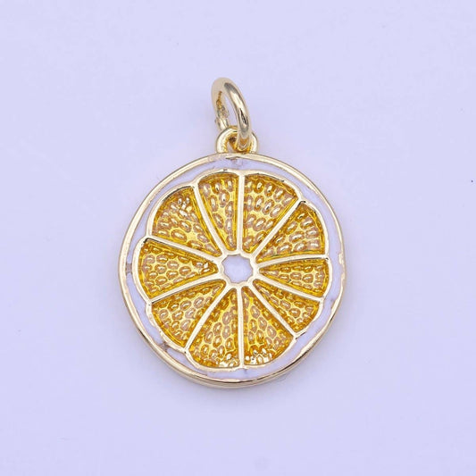 Gold Lemon Fruit White Yellow Enamel Round Charm | C-694