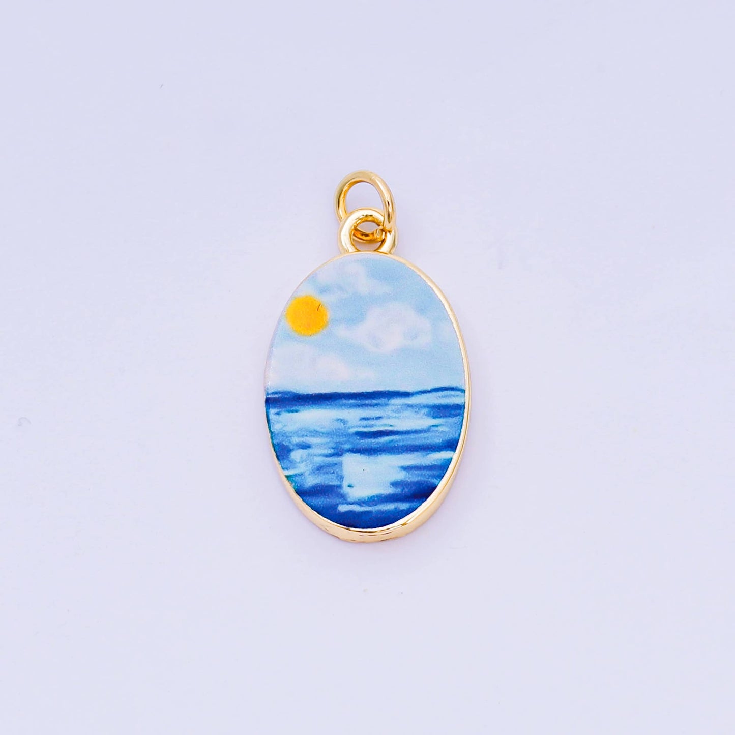 Double Sided Gold Oval Enamel Charms Painted Mediterranean