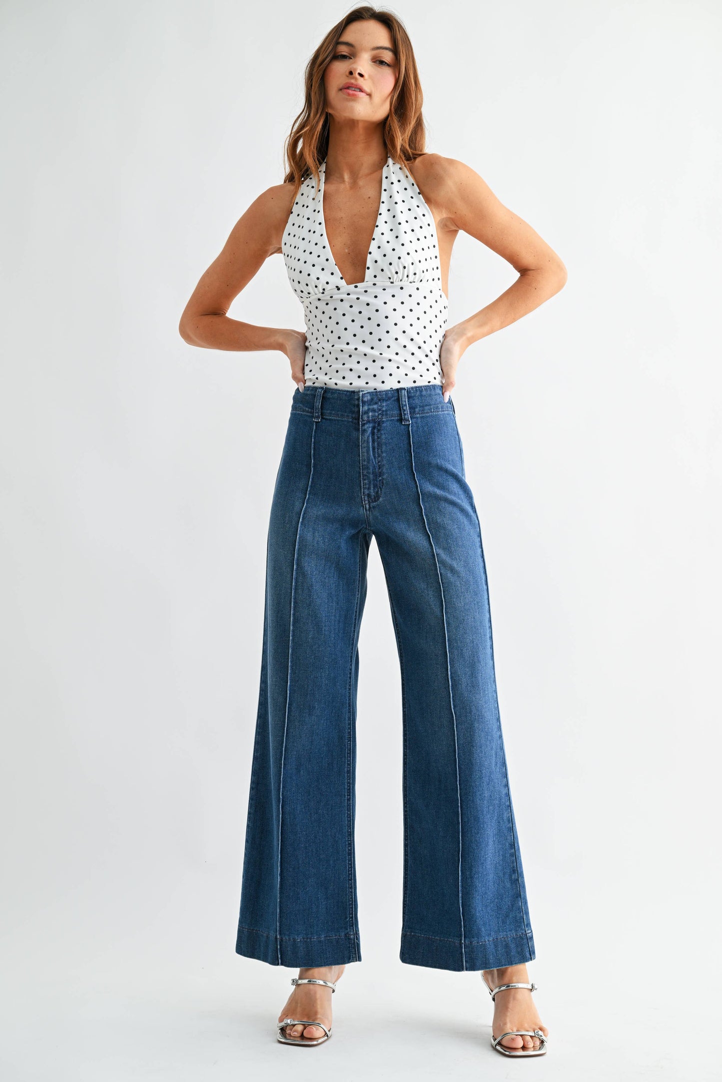 Pintuck High Rise Trouser Wide Leg - MEDIUM DENIM - DP835