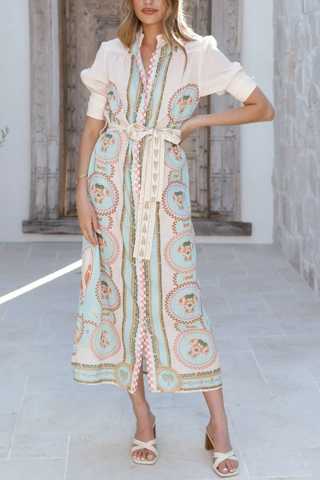 Acacia Palm tile print belted maxi shirt dress