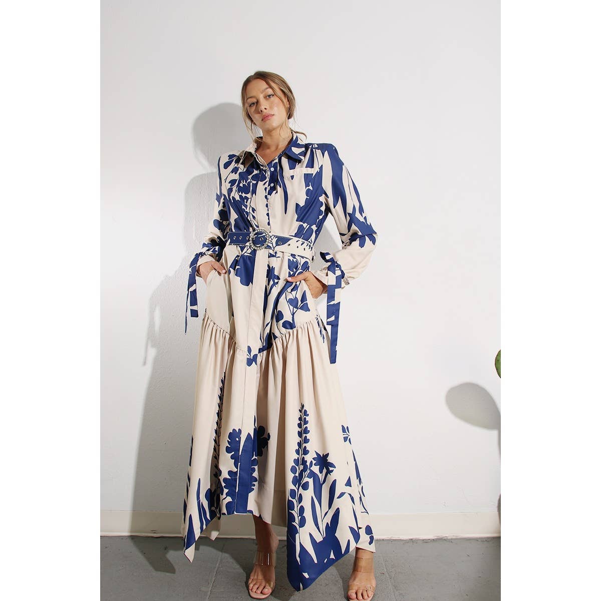 PRINT UNEVEN BELTED LONG DRESS