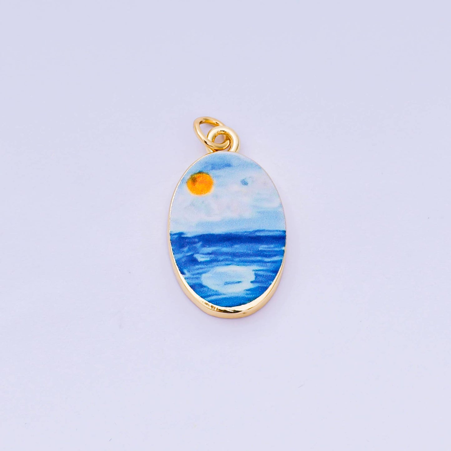 Double Sided Gold Oval Enamel Charms Painted Mediterranean