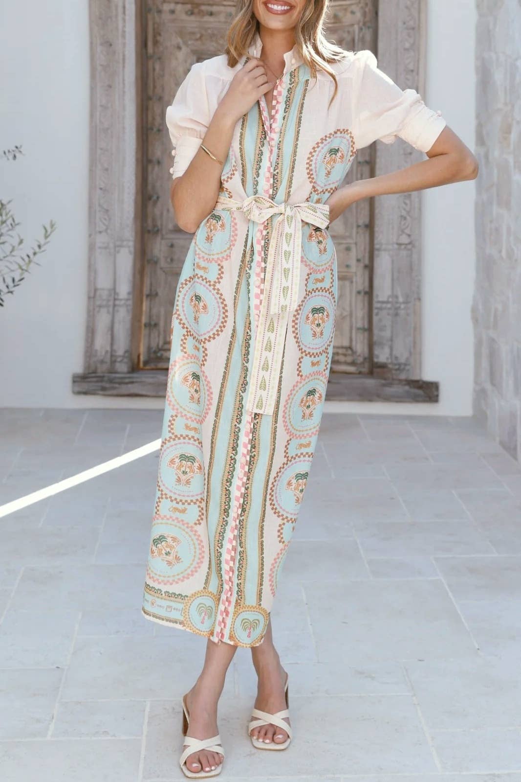Acacia Palm tile print belted maxi shirt dress