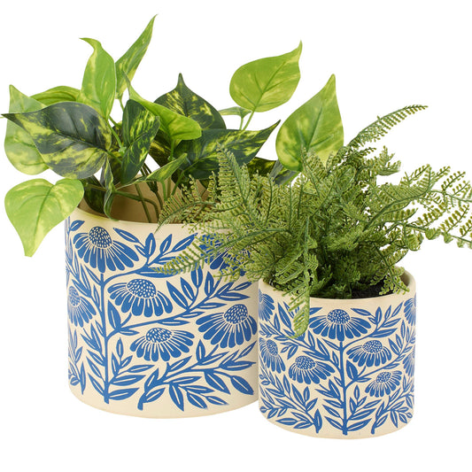 Blue Folk Art Planter Set