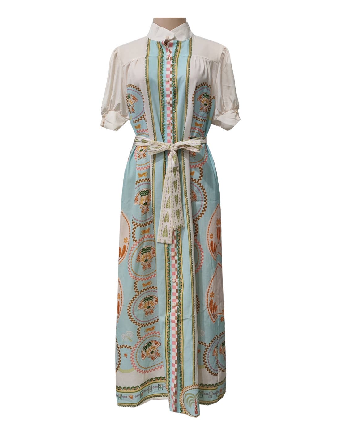 Acacia Palm tile print belted maxi shirt dress