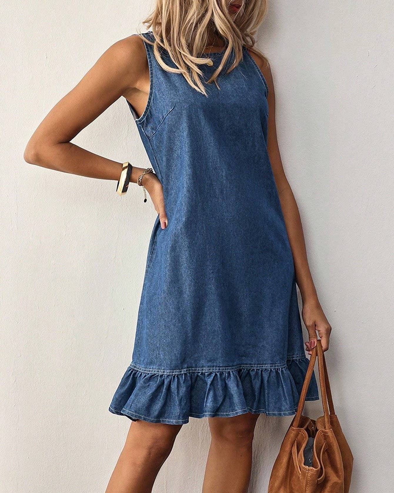 Casual Sleeveless Denim Dress with Ruffle Hem