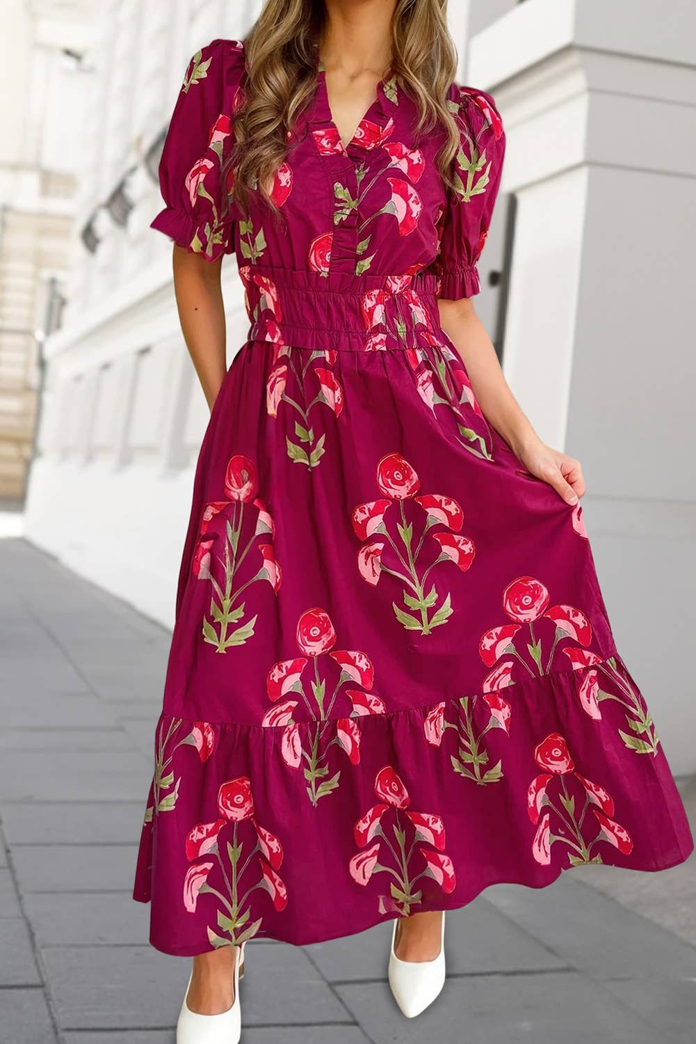 Floral V Neck Short Puff Sleeve Pockets Maxi Dress | S-XL
