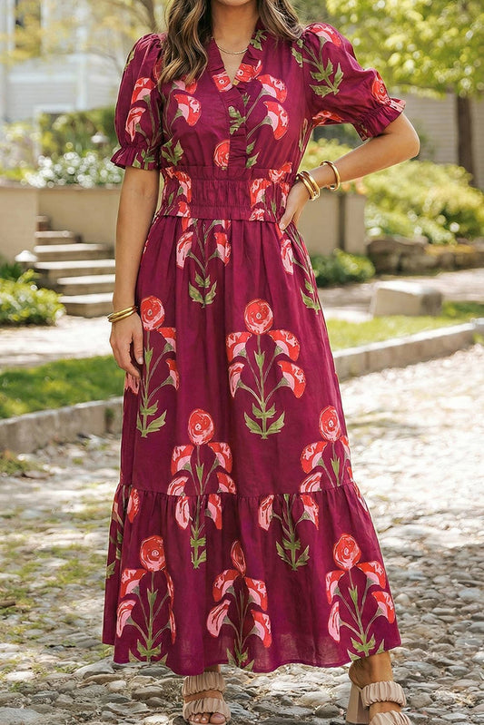 Floral V Neck Short Puff Sleeve Pockets Maxi Dress | S-XL