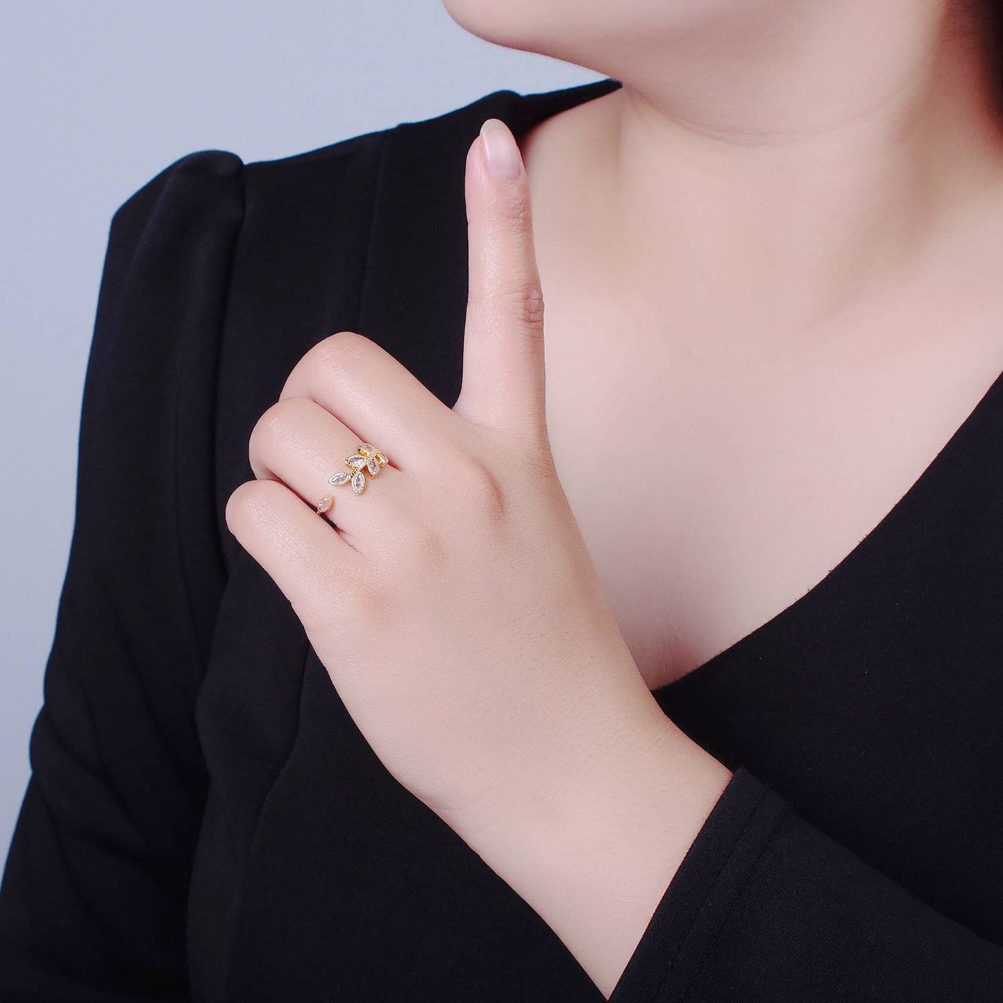 Elegant Clear CZ Vine Rosemary Gold Nature Themed Ring