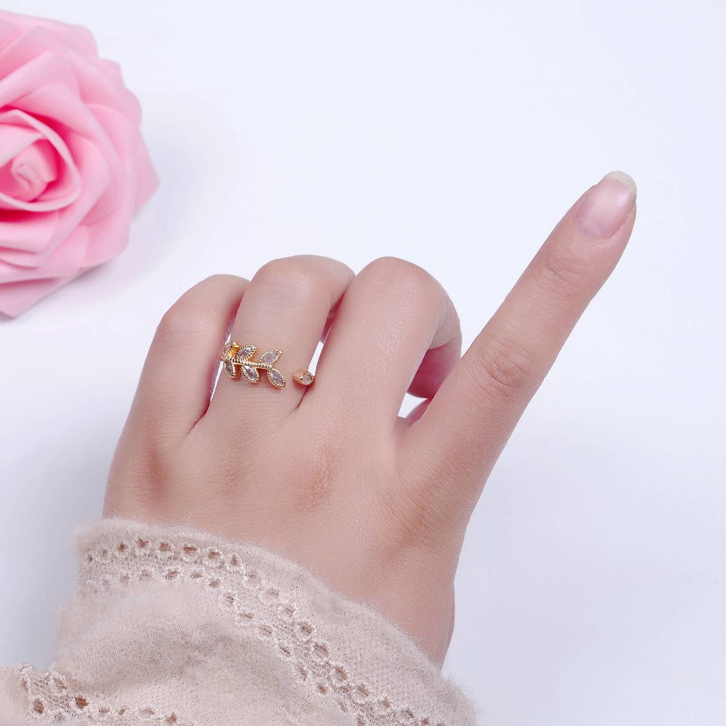 Elegant Clear CZ Vine Rosemary Gold Nature Themed Ring