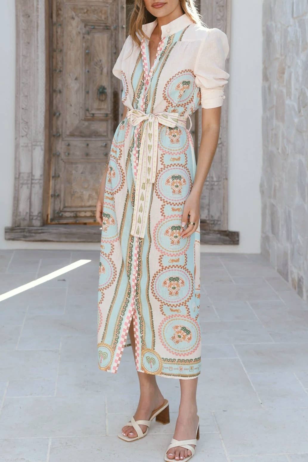Acacia Palm tile print belted maxi shirt dress
