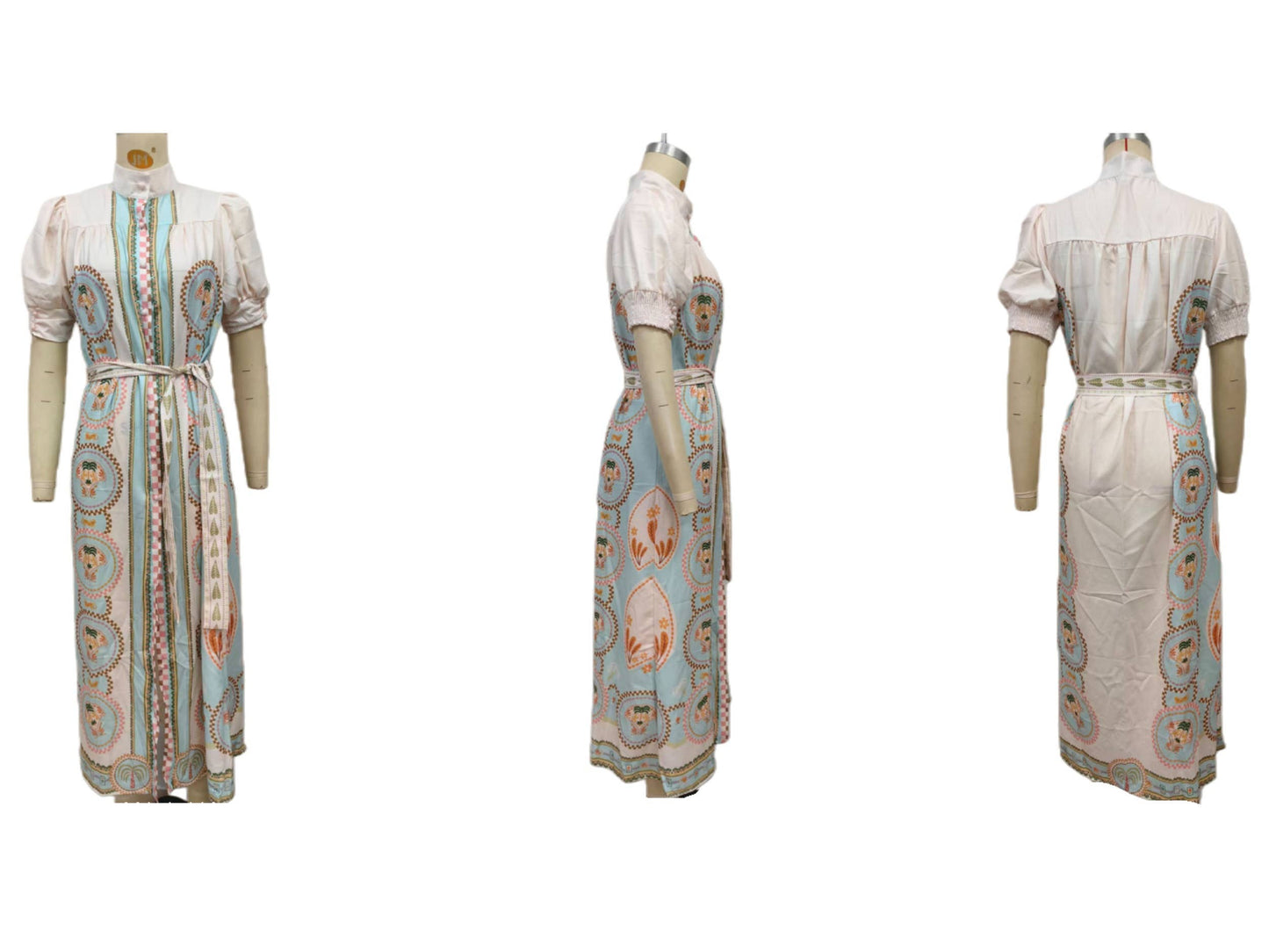Acacia Palm tile print belted maxi shirt dress