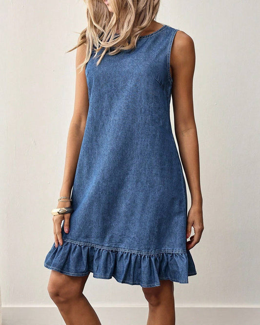 Casual Sleeveless Denim Dress with Ruffle Hem